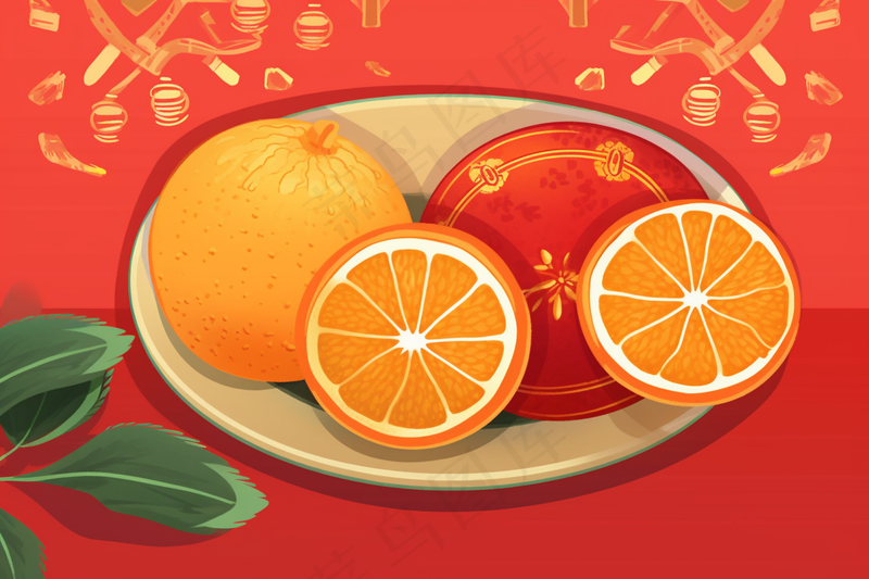 新年水果装盘红色插画背景(4032x2688)