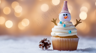圣诞雪人纸杯蛋糕节日甜点摄影图