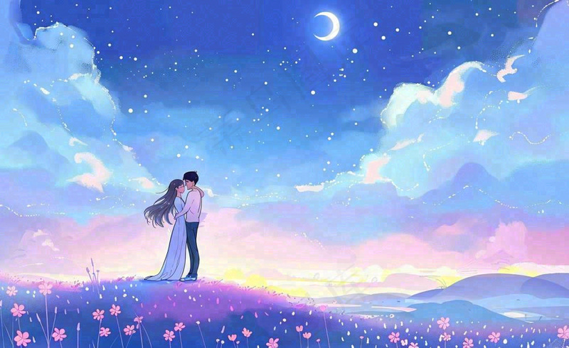 浪漫夜晚月光下花丛里的恋人情侣相拥梦幻场景七夕情人节卡通插画背景(1408x864)