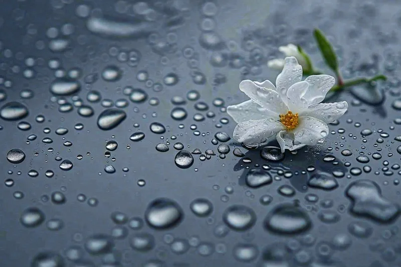 雨天掉落的白色花朵雨水谷雨寒露摄影图(1344x896)