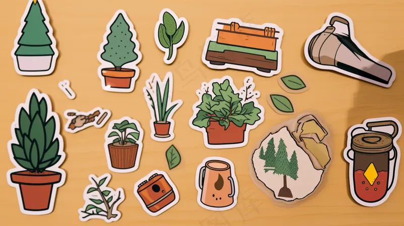 户外工具植物盆栽卡通插画素材(4368x2448)