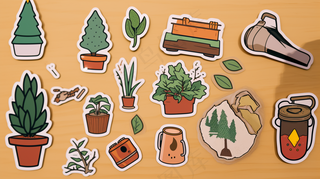 户外工具植物盆栽卡通插画素材