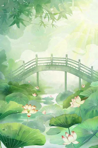 春夏绿意风景小清新荷花池塘拱桥绿荫阳光惊蛰春分立夏夏至水彩插画背景
