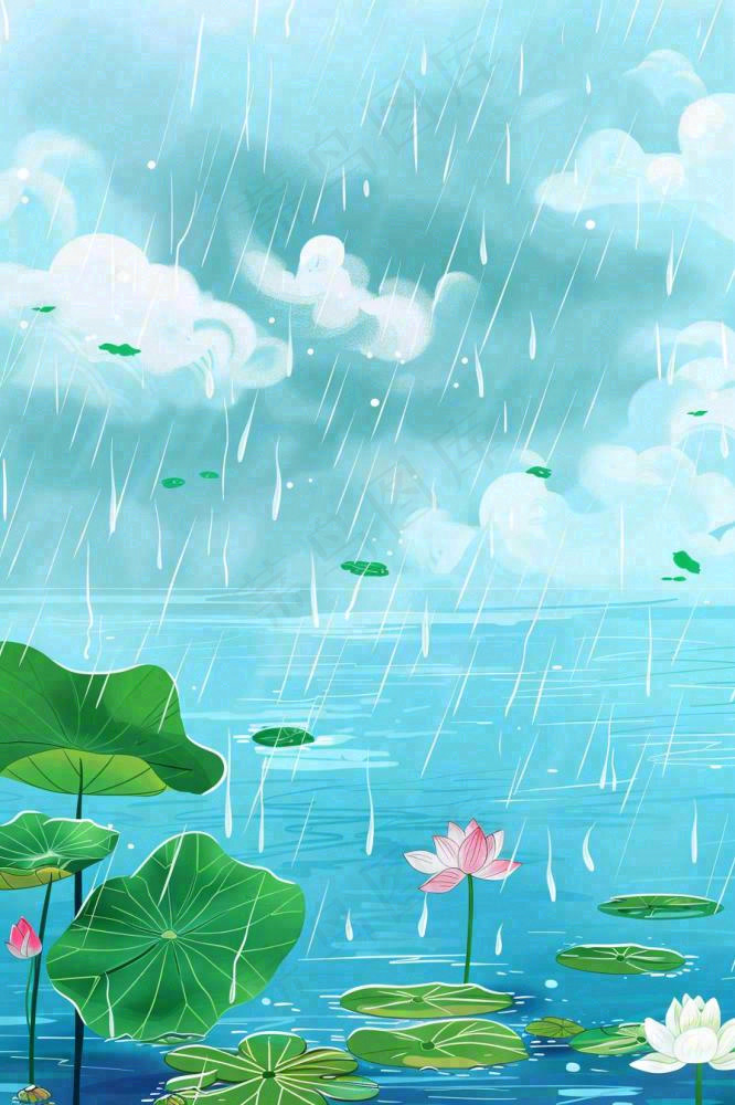 春天下雨天池塘荷花荷叶清凉雨水谷雨处暑插画背景(896x1344)