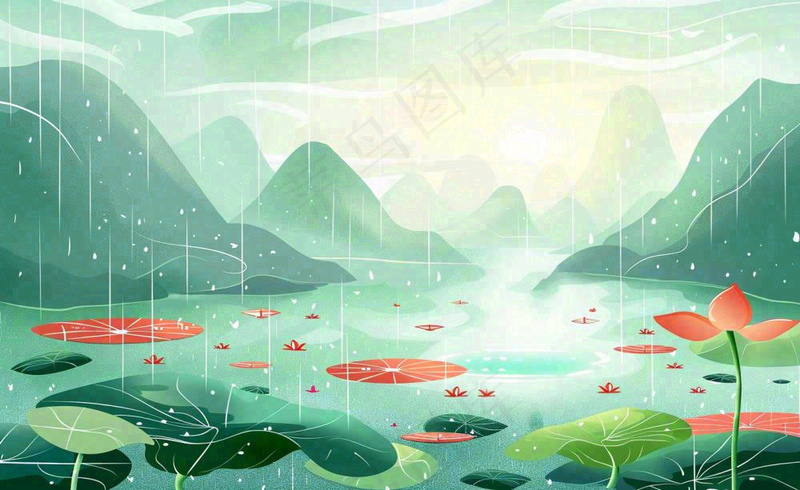 夏日荷花盛开暴雨天气山水花处暑小暑卡通插画背景(1408x864)