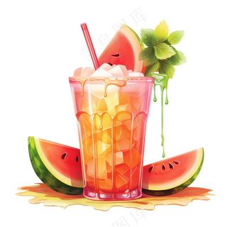 西瓜汁冰镇饮料水果茶卡通插画插图免抠