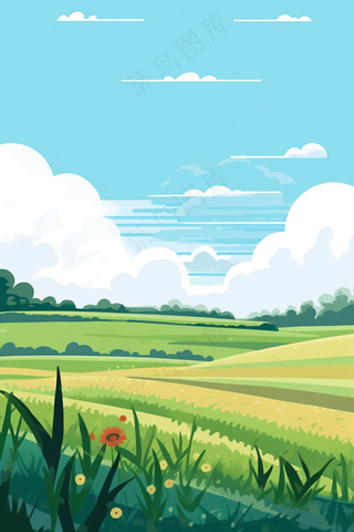 春天草坪花草盛开山野里绿色卡通插画背景