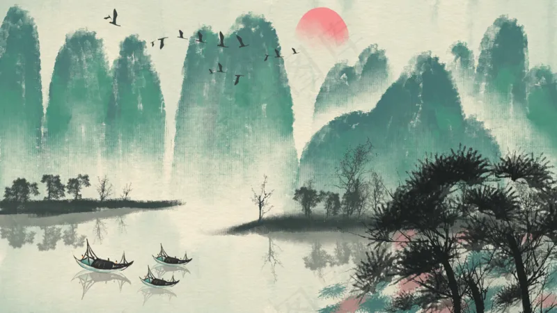 中国风山水彩色国画插画装饰画素材23psd模版下载