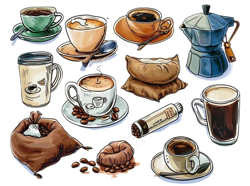 咖啡元素手绘卡通插画素材免抠