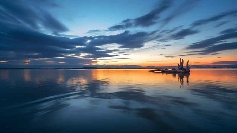 夕阳晚霞湖面倒影天水一色摄影图(4368x2448)