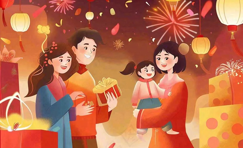 新年春节回家过年团聚送礼物热闹喜庆欢庆卡通插画背景(1408x864)