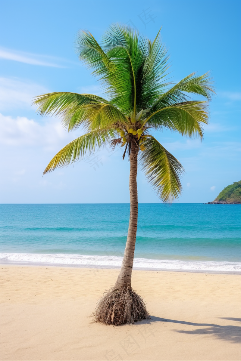 夏日沙滩海边椰树摄影图
