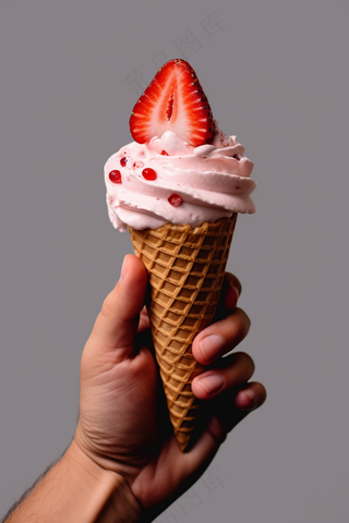 草莓甜筒冰淇淋手握冰淇淋摄影图 