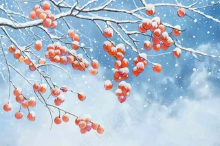 冬天白雪覆盖的红色果实白霜霜降小雪大雪水彩插画背景