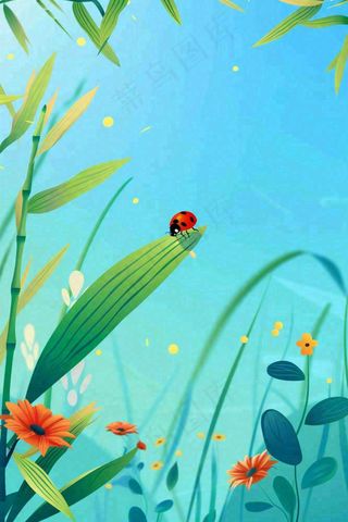 春天草丛花丛里的昆虫七星瓢虫蓝色背景踏青立春春分惊蛰卡通插画背景