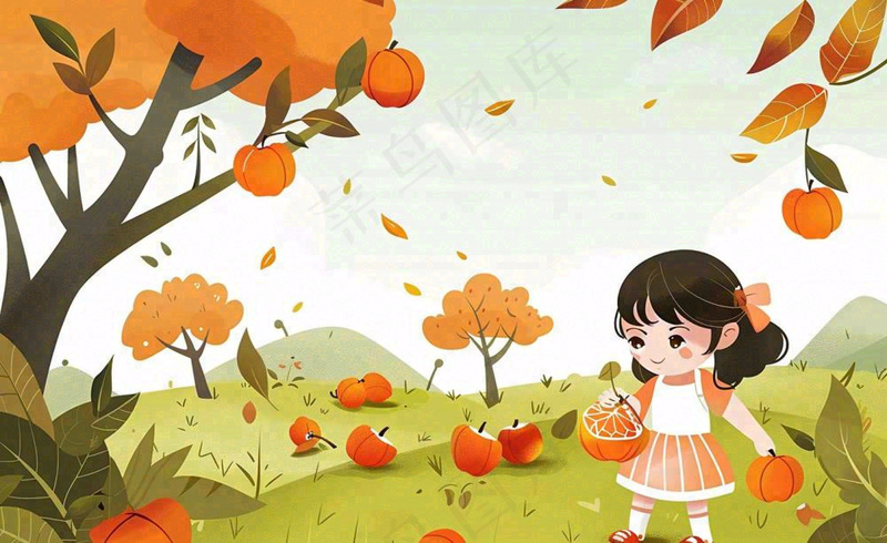 秋天摘水果的女孩果树落叶秋分立秋卡通插画背景(1408x864)