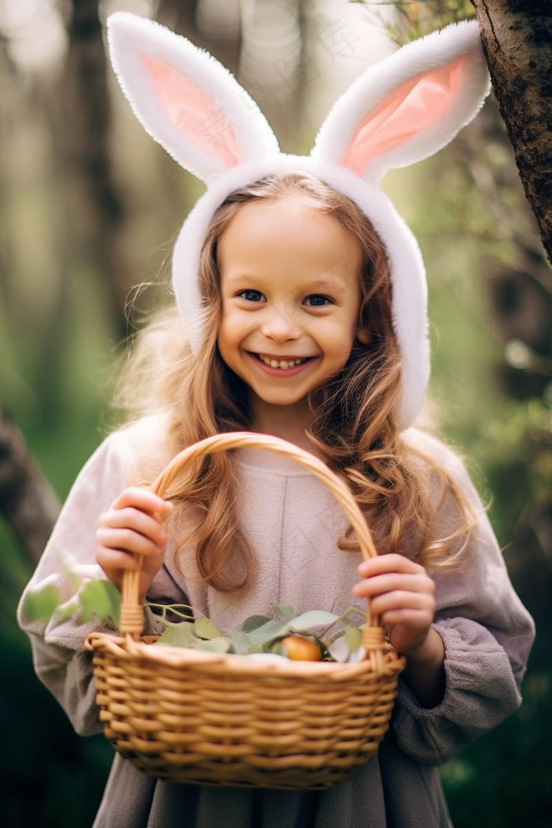森林抱着竹篮果篮的女孩美丽少女摄影图