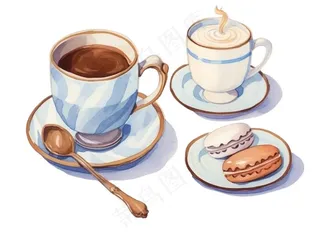 咖啡拿铁甜点下午茶水彩画手绘插画免抠