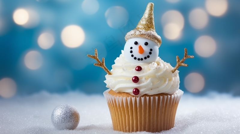圣诞雪人纸杯蛋糕节日甜点摄影图