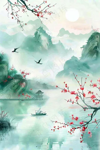 水墨江南山水画桃花青山春分清明惊蛰节气背景