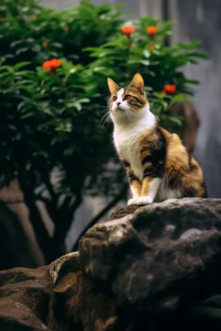 假山上的三花猫咪红茶花树下摄影图