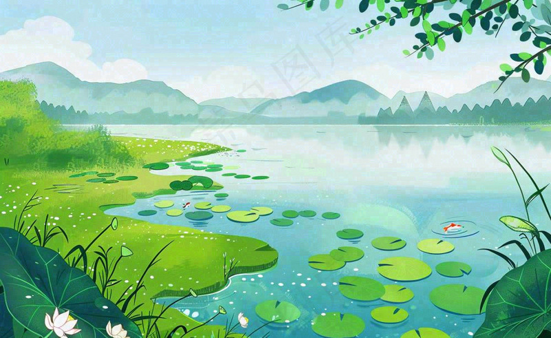 春夏风景湖泊荷花柳树立夏小暑夏至插画背景(1408x864)