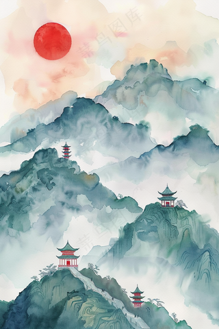 水墨国画山川寺庙立于山顶日出青山插画背景
