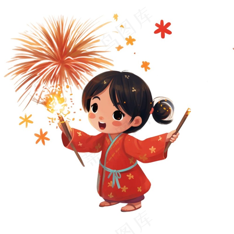 新年放烟花庆祝春节儿童开心过大年卡通插画免抠