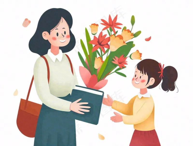 女孩给妈妈送花教师节母亲节卡通插画免抠(1264x960)