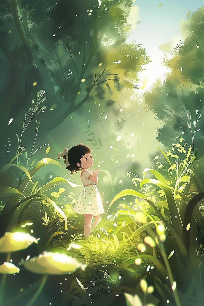 森林草丛的小精灵闪闪发光卡通插画背景(2688x4032)