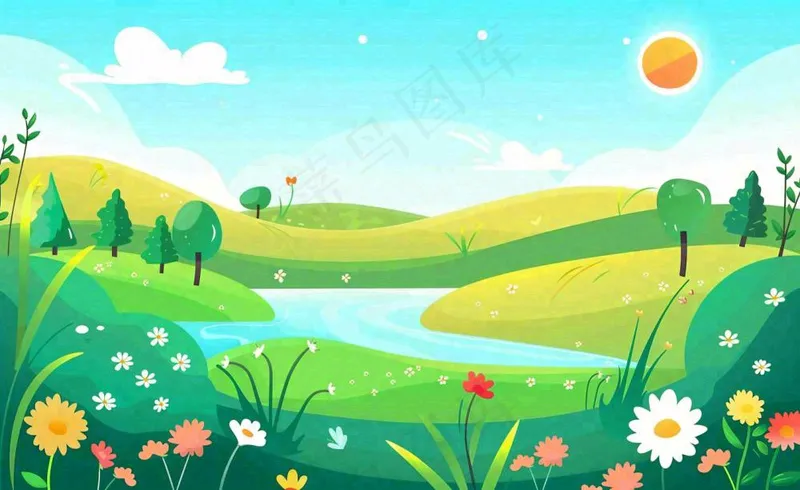 春天插画立春节气郊游遇见春天你好春天花草春风旅游草地风景扁平画背景(1408x864)
