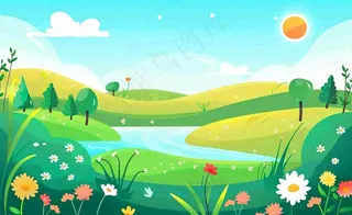 春天插画立春节气郊游遇见春天你好春天花草春风旅游草地风景扁平画背景