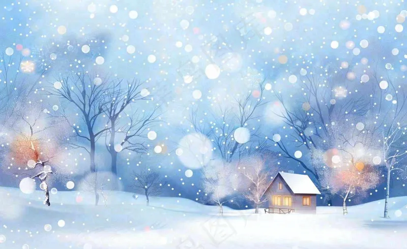 冬天雪景森林小屋夜晚灯光温暖白雪皑皑小雪大雪冬至立冬卡通插画背景(1408x864)