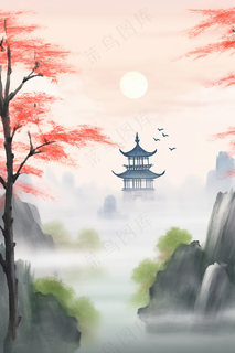 山峰凉亭红花树枝国画水墨画素材背景