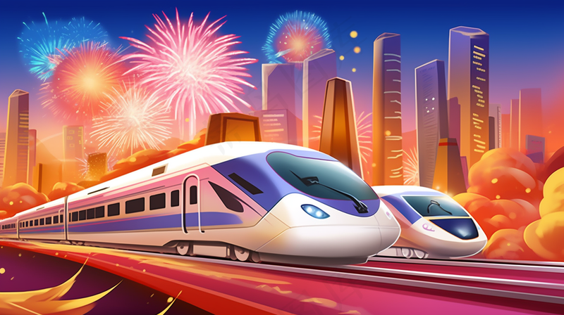 春节春运高铁轻轨列车开往回家的路科技卡通插画背景(4368x2448)
