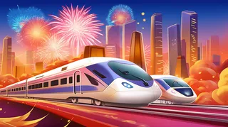 春节春运高铁轻轨列车开往回家的路科技卡通插画背景