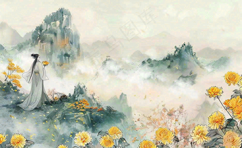 秋天古风水墨画山川菊花古风人物端午清明中秋重阳插画背景(1408x864)