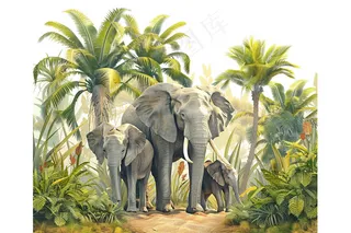 大象热带雨林亚洲象动物手绘插画背景
