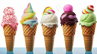 冰淇淋口味多种蛋筒摄影图