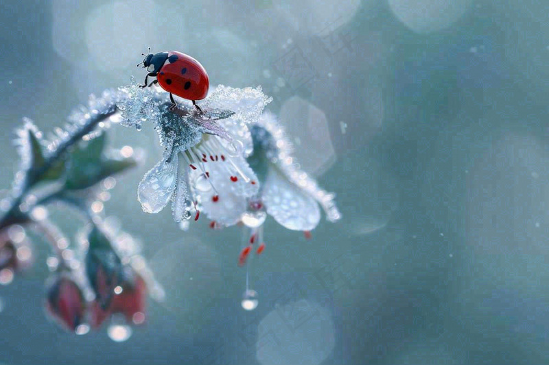 下雨天白色花朵上的七星瓢虫昆虫春天雨水谷雨摄影图(1344x896)