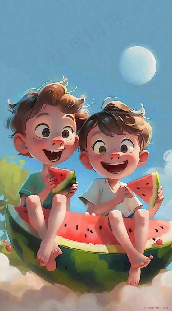 夏天西瓜男孩玩耍欢乐清凉解暑盛夏夏至大暑插画背景(816x1472)