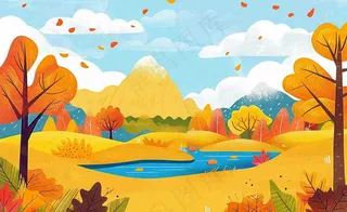 秋天金黄的森林山坡树木落叶蓝天白云立秋秋分处暑卡通插画背景