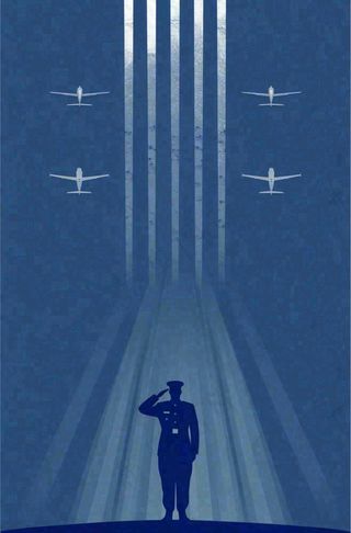 建军蓝色纹理简约军人剪影飞机插画背景