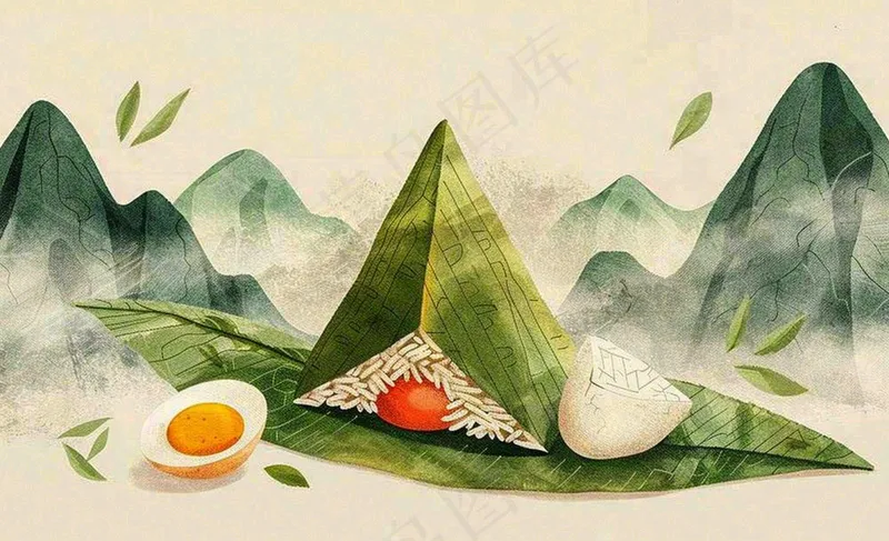 端午佳节粽子绿色青山国风插画水彩绘画背景(1392x848)