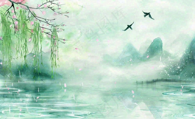 春天桃花柳树燕子清明山水国画中国风古风水雨水谷雨背景(1408x864)