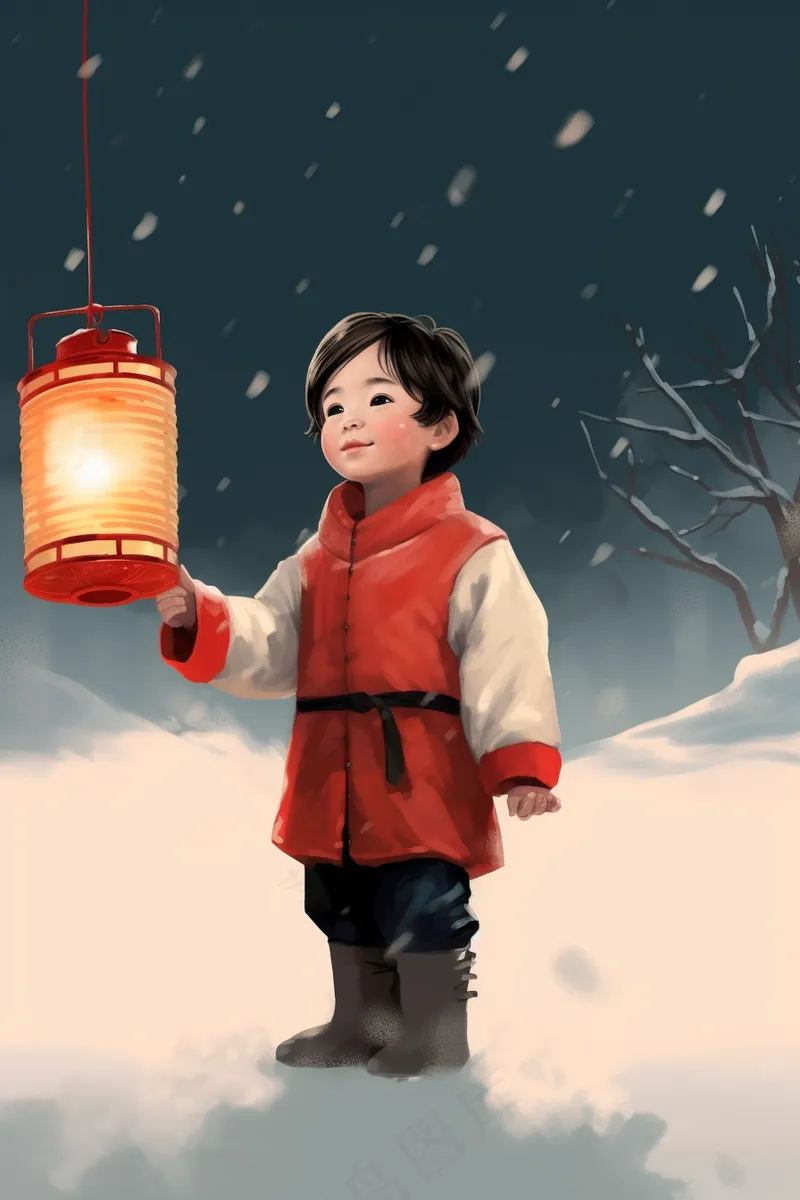 冬天白雪地打着灯笼得中国小孩卡通插画背景(2688x4032)