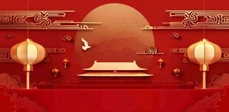 中国红祖国国庆*圆月国潮风插画背景(1568x768)