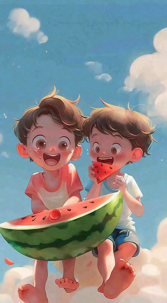夏天西瓜男孩玩耍欢乐清凉解暑盛夏夏至大暑插画背景(816x1472)