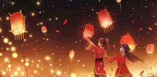 新年春节祈福孔明灯热闹中元节插画背景