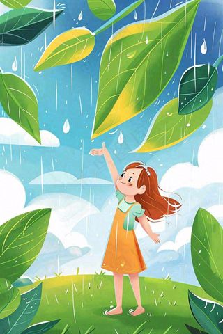 下雨天巨大绿植下的女孩躲雨玩耍雨水谷雨春天卡通插画背景